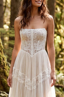 Load image into Gallery viewer, Ivory Strapless Corset A-Line Sweep Train Beach Wedding Dress with Lace