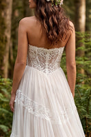 Load image into Gallery viewer, Ivory Strapless Corset A-Line Sweep Train Beach Wedding Dress with Lace