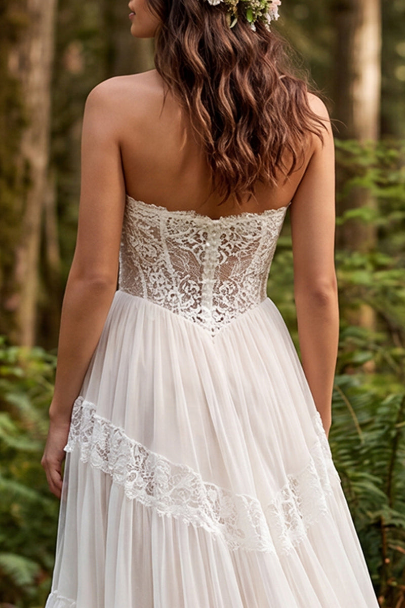 Load image into Gallery viewer, Ivory Strapless Corset A-Line Sweep Train Beach Wedding Dress with Lace