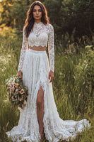 Load image into Gallery viewer, 2 Piece Ivory Lace Sweep Train A-Line Boho Wedding Dress with Sleeves