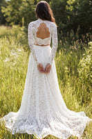 Load image into Gallery viewer, 2 Piece Ivory Lace Sweep Train A-Line Boho Wedding Dress with Sleeves