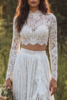 Load image into Gallery viewer, 2 Piece Ivory Lace Sweep Train A-Line Boho Wedding Dress with Sleeves