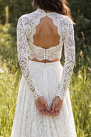 Load image into Gallery viewer, 2 Piece Ivory Lace Sweep Train A-Line Boho Wedding Dress with Sleeves