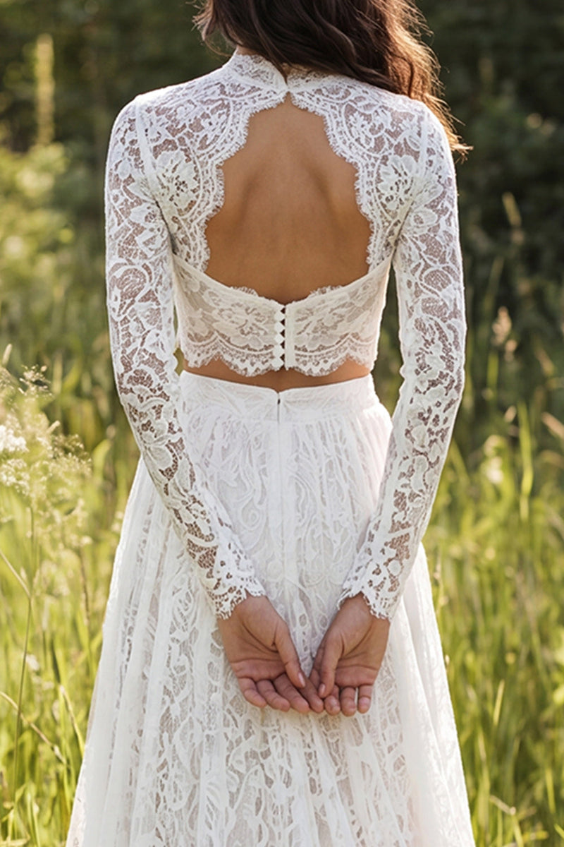 Load image into Gallery viewer, 2 Piece Ivory Lace Sweep Train A-Line Boho Wedding Dress with Sleeves