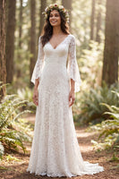 Load image into Gallery viewer, Flare Sleeves Ivory Lace Sweep Train V-Neck Boho Wedding Dress