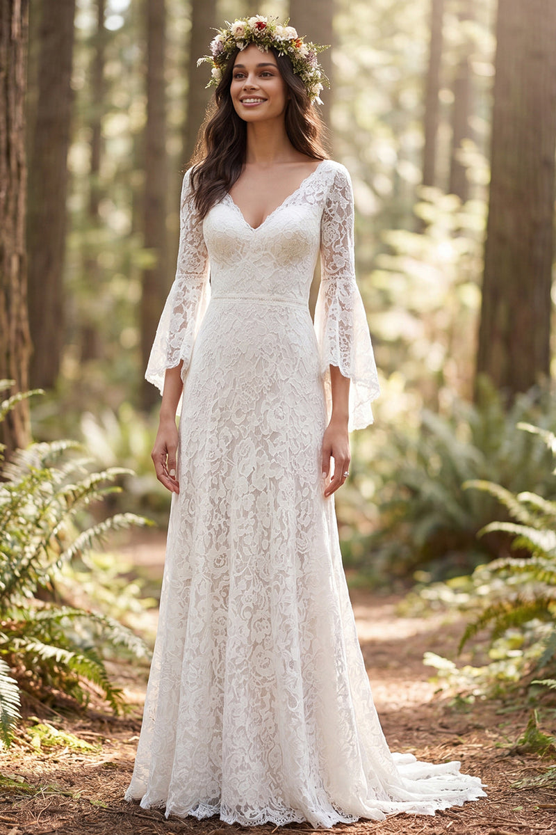 Load image into Gallery viewer, Flare Sleeves Ivory Lace Sweep Train V-Neck Boho Wedding Dress