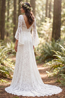 Flare Sleeves Ivory Lace Sweep Train V-Neck Boho Wedding Dress