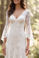 Load image into Gallery viewer, Flare Sleeves Ivory Lace Sweep Train V-Neck Boho Wedding Dress