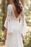 Load image into Gallery viewer, Flare Sleeves Ivory Lace Sweep Train V-Neck Boho Wedding Dress
