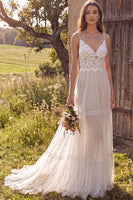 Load image into Gallery viewer, Floral Ivory Tulle Sweep Train A-Line Beach Wedding Dress with Lace