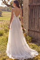 Load image into Gallery viewer, Floral Ivory Tulle Sweep Train A-Line Beach Wedding Dress with Lace