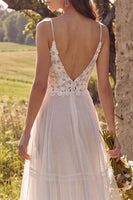 Load image into Gallery viewer, Floral Ivory Tulle Sweep Train A-Line Beach Wedding Dress with Lace