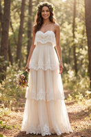 Load image into Gallery viewer, Ivory Tiered Sweetheart A-Line Sweep Train Beach Wedding Dress with Lace