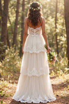 Ivory Tiered Sweetheart A-Line Sweep Train Beach Wedding Dress with Lace