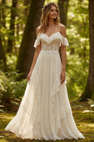 Load image into Gallery viewer, Ivory Chiffon Ruffled A-Line Sweep Train Beach Wedding Dress with Lace
