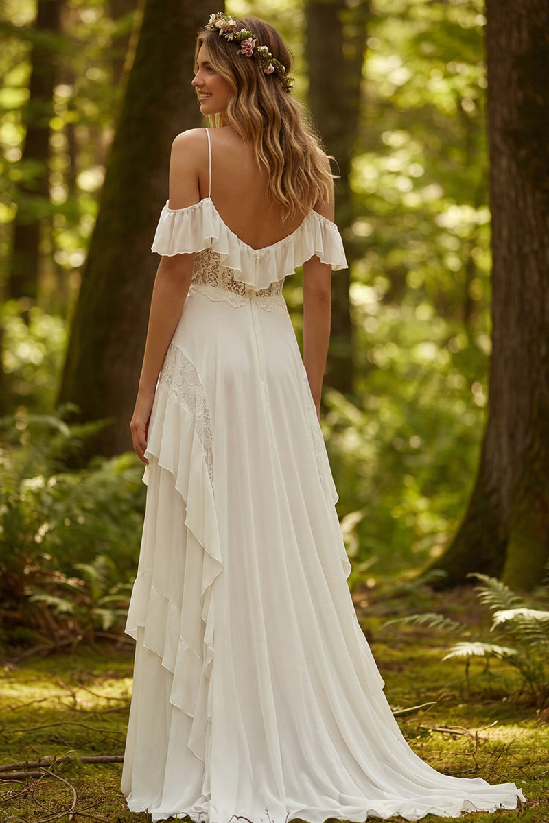 Load image into Gallery viewer, Ivory Chiffon Ruffled A-Line Sweep Train Beach Wedding Dress with Lace