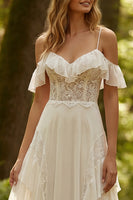 Load image into Gallery viewer, Ivory Chiffon Ruffled A-Line Sweep Train Beach Wedding Dress with Lace