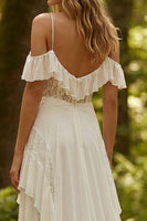 Load image into Gallery viewer, Ivory Chiffon Ruffled A-Line Sweep Train Beach Wedding Dress with Lace