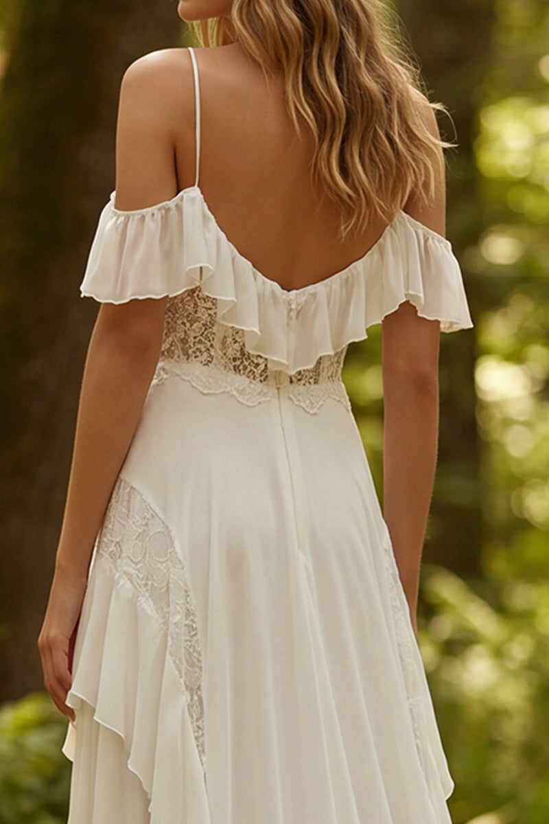Load image into Gallery viewer, Ivory Chiffon Ruffled A-Line Sweep Train Beach Wedding Dress with Lace