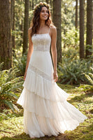 Load image into Gallery viewer, Ivory Chiffon Tiered A-Line Sweep Train Beach Wedding Dress with Lace