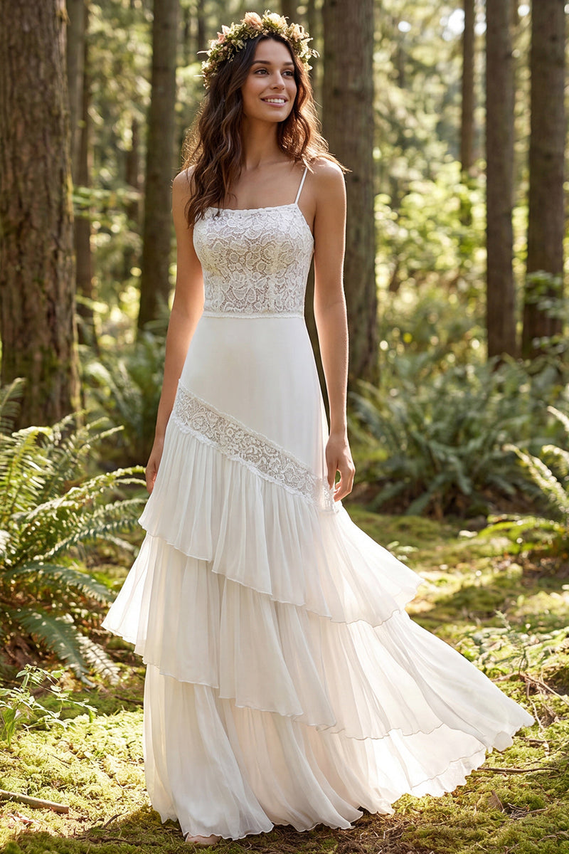 Load image into Gallery viewer, Ivory Chiffon Tiered A-Line Sweep Train Beach Wedding Dress with Lace