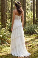 Load image into Gallery viewer, Ivory Chiffon Tiered A-Line Sweep Train Beach Wedding Dress with Lace