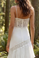 Load image into Gallery viewer, Ivory Chiffon Tiered A-Line Sweep Train Beach Wedding Dress with Lace