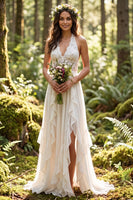 Load image into Gallery viewer, Ivory Chiffon Ruffled A-Line Sweep Train Beach Wedding Dress with Lace