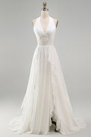 Load image into Gallery viewer, Ivory Chiffon Ruffled A-Line Sweep Train Beach Wedding Dress with Lace