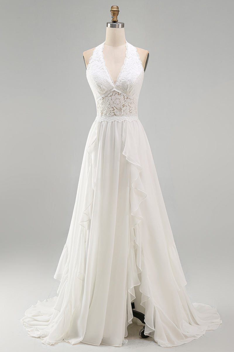 Load image into Gallery viewer, Ivory Chiffon Ruffled A-Line Sweep Train Beach Wedding Dress with Lace
