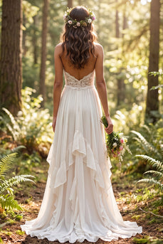 Ivory Chiffon Ruffled A-Line Sweep Train Beach Wedding Dress with Lace