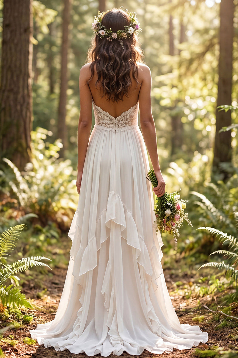 Load image into Gallery viewer, Ivory Chiffon Ruffled A-Line Sweep Train Beach Wedding Dress with Lace