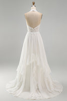 Load image into Gallery viewer, Ivory Chiffon Ruffled A-Line Sweep Train Beach Wedding Dress with Lace