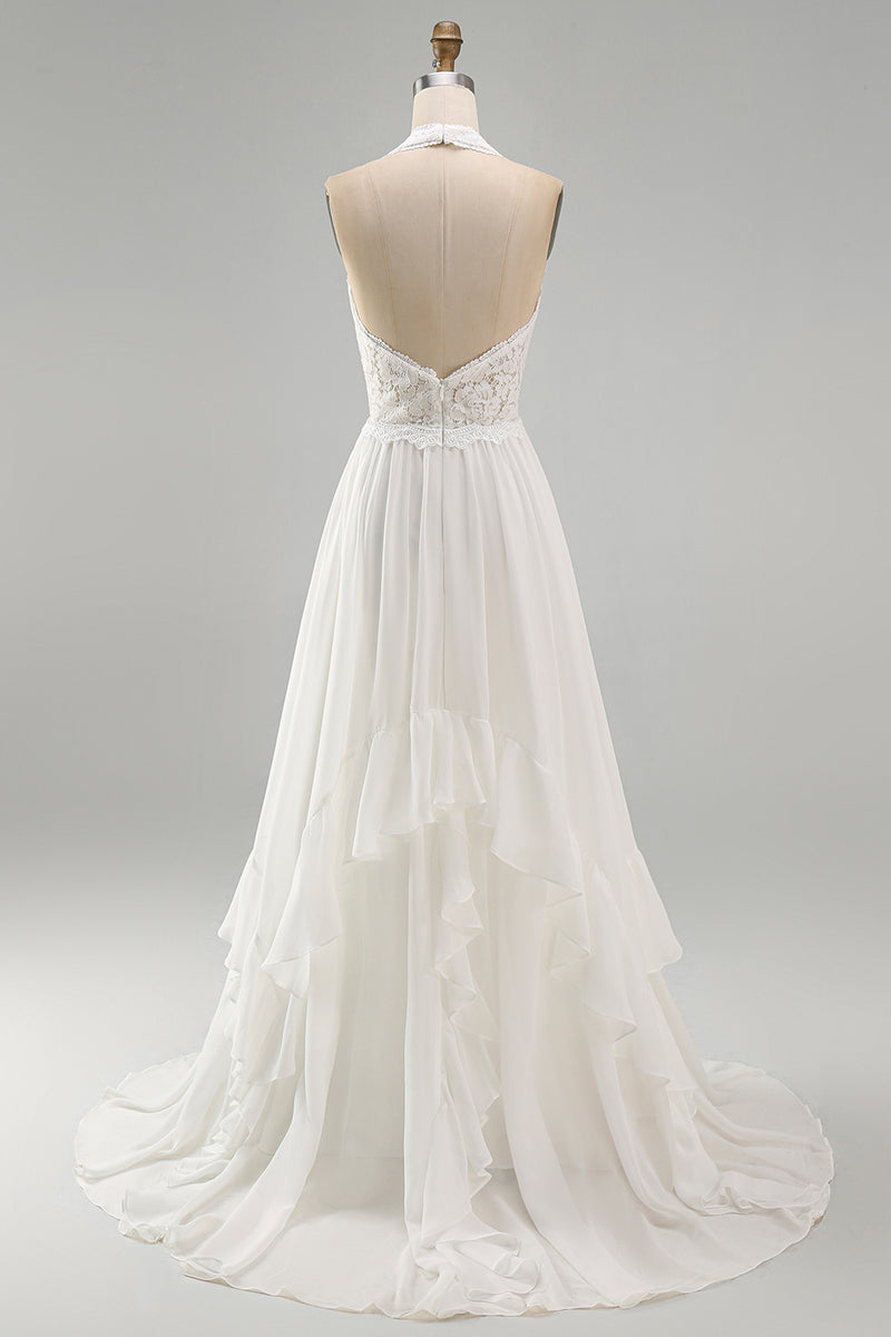 Load image into Gallery viewer, Ivory Chiffon Ruffled A-Line Sweep Train Beach Wedding Dress with Lace