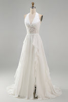 Load image into Gallery viewer, Ivory Chiffon Ruffled A-Line Sweep Train Beach Wedding Dress with Lace