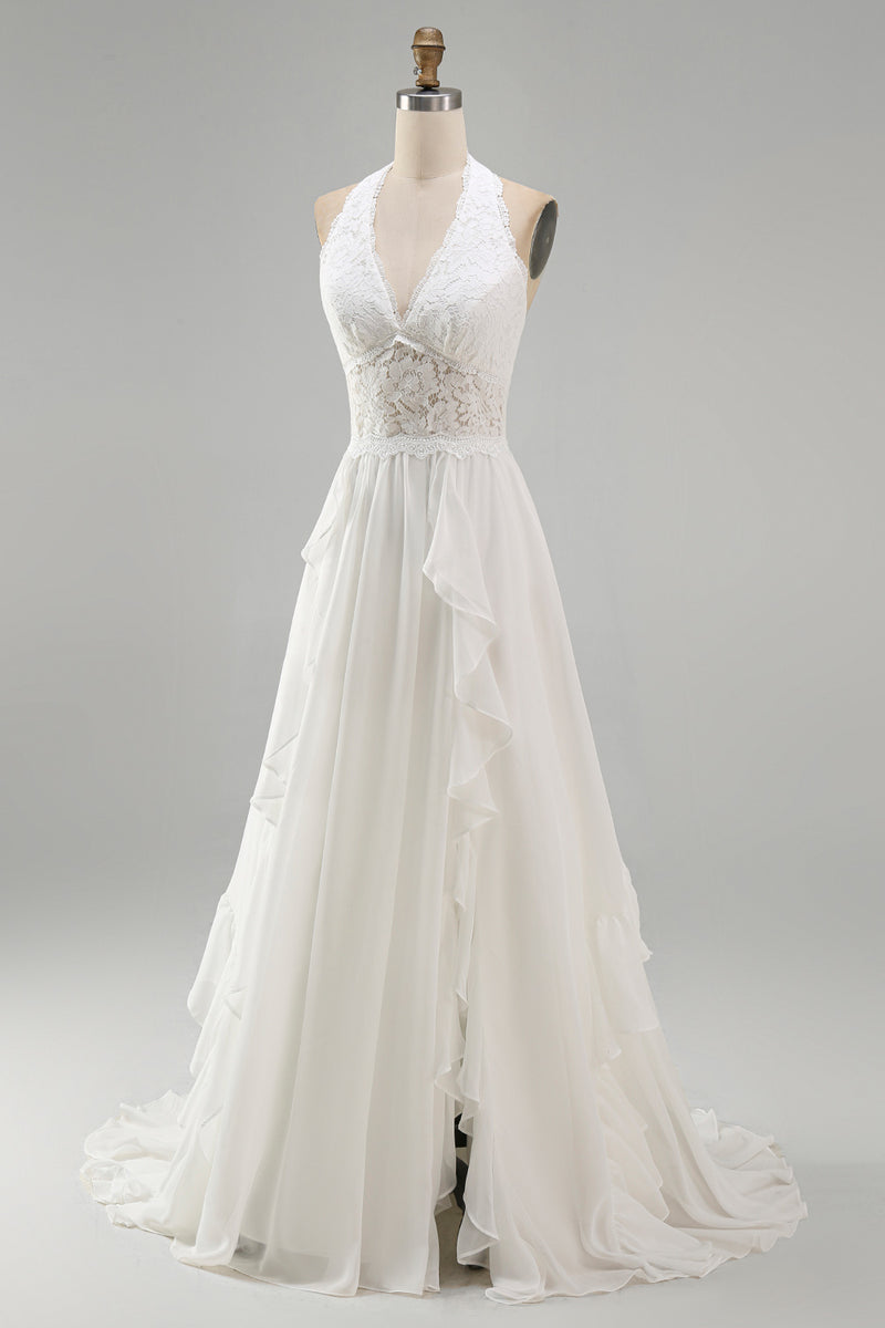 Load image into Gallery viewer, Ivory Chiffon Ruffled A-Line Sweep Train Beach Wedding Dress with Lace