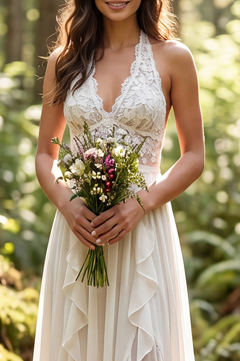 Load image into Gallery viewer, Ivory Chiffon Ruffled A-Line Sweep Train Beach Wedding Dress with Lace