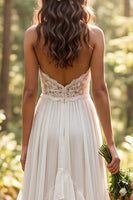 Load image into Gallery viewer, Ivory Chiffon Ruffled A-Line Sweep Train Beach Wedding Dress with Lace