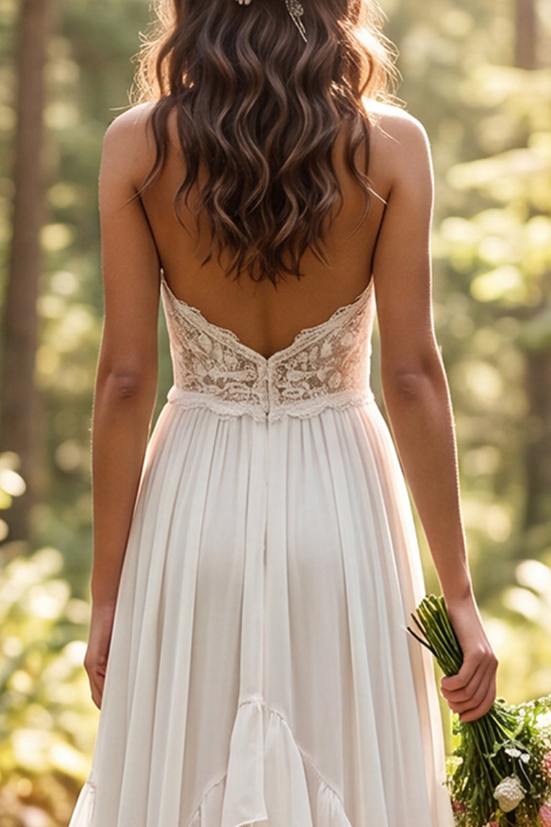 Load image into Gallery viewer, Ivory Chiffon Ruffled A-Line Sweep Train Beach Wedding Dress with Lace