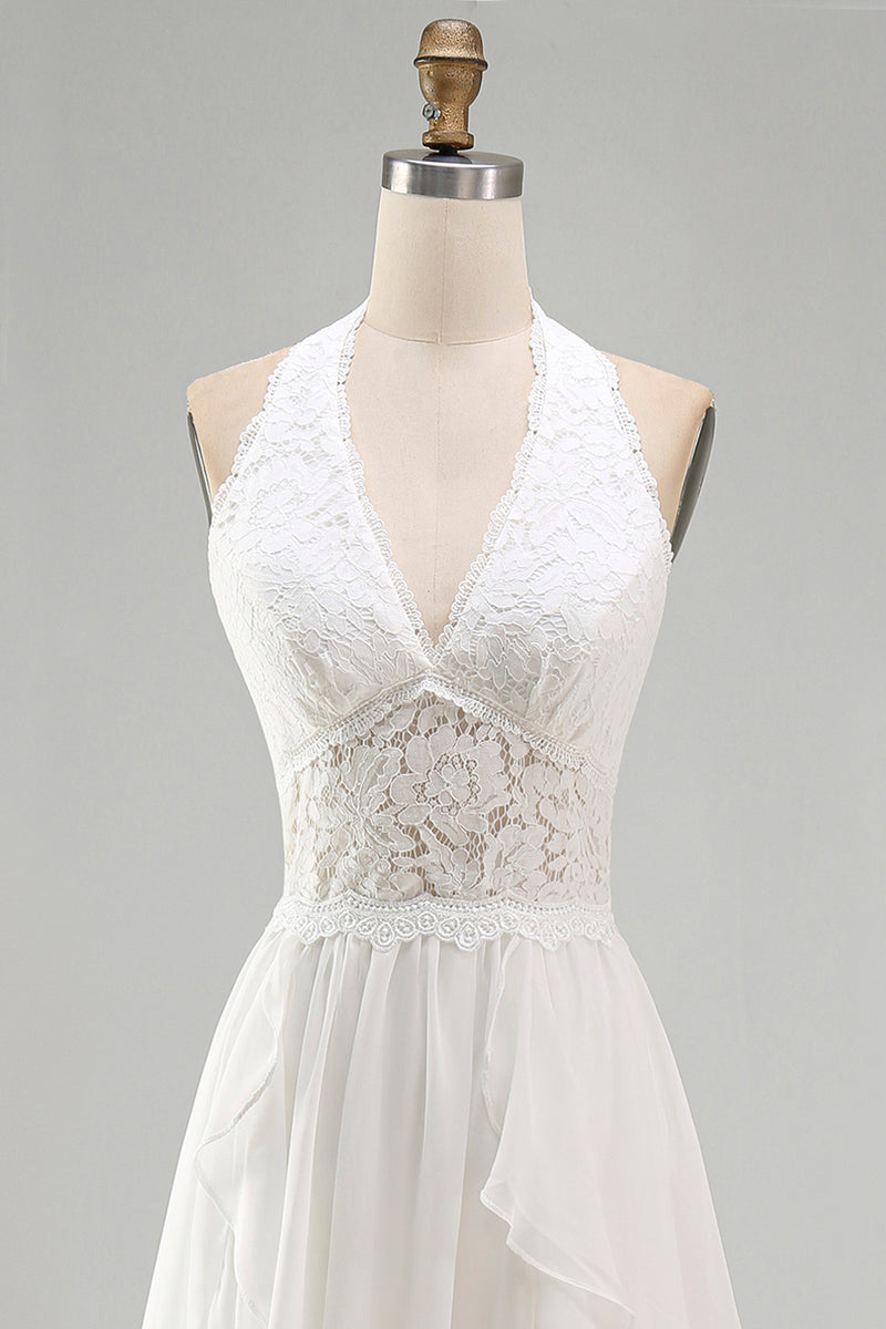 Load image into Gallery viewer, Ivory Chiffon Ruffled A-Line Sweep Train Beach Wedding Dress with Lace