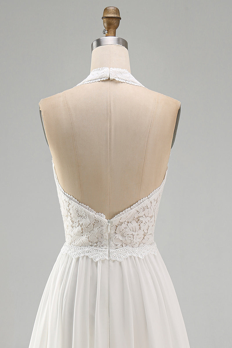 Load image into Gallery viewer, Ivory Chiffon Ruffled A-Line Sweep Train Beach Wedding Dress with Lace