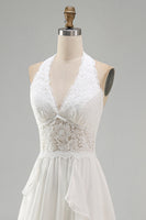 Load image into Gallery viewer, Ivory Chiffon Ruffled A-Line Sweep Train Beach Wedding Dress with Lace