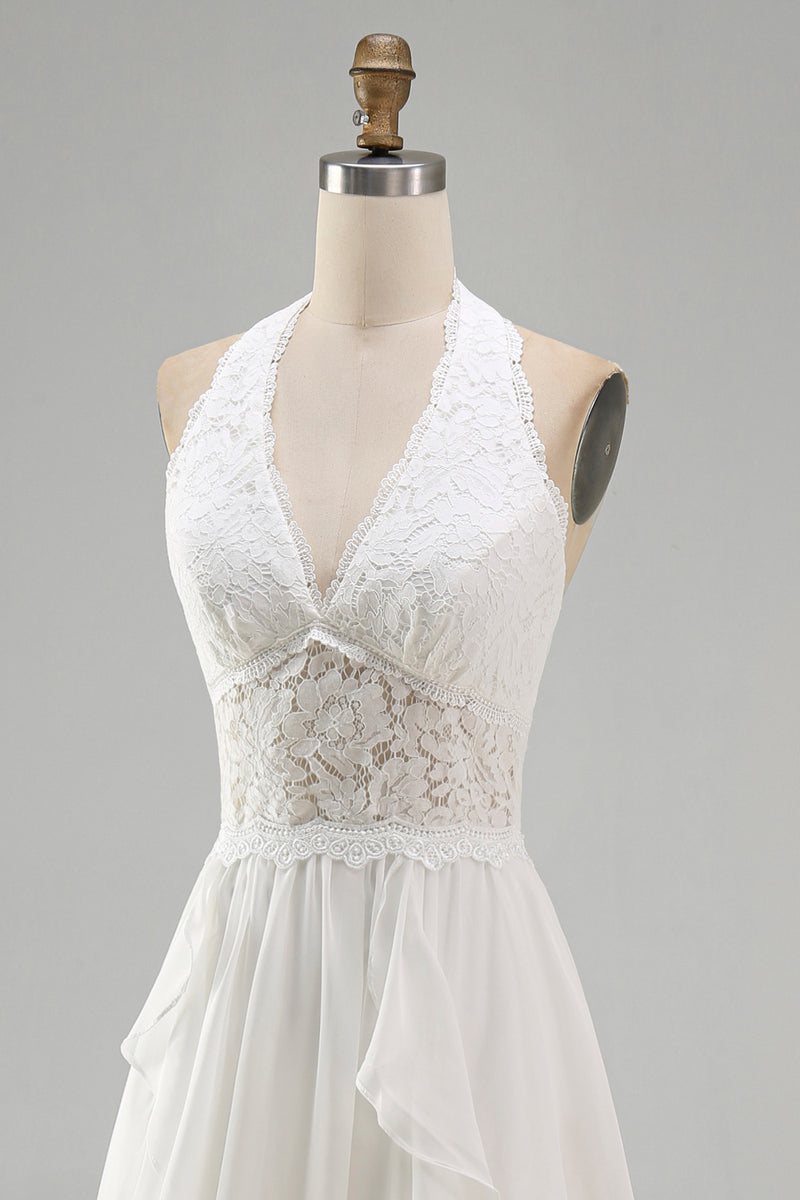 Load image into Gallery viewer, Ivory Chiffon Ruffled A-Line Sweep Train Beach Wedding Dress with Lace