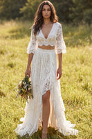 Load image into Gallery viewer, 2 Piece Ivory Lace A-Line Sweep Train Boho Wedding Dress with Sleeves