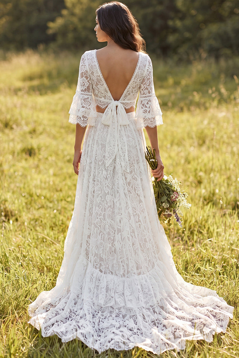 Load image into Gallery viewer, 2 Piece Ivory Lace A-Line Sweep Train Boho Wedding Dress with Sleeves