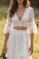 Load image into Gallery viewer, 2 Piece Ivory Lace A-Line Sweep Train Boho Wedding Dress with Sleeves