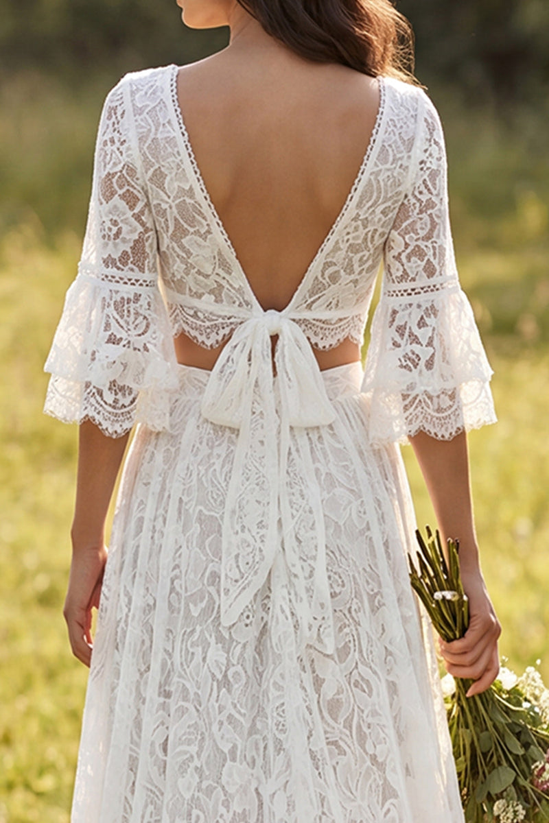 Load image into Gallery viewer, 2 Piece Ivory Lace A-Line Sweep Train Boho Wedding Dress with Sleeves