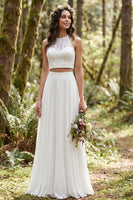 Load image into Gallery viewer, 2 Piece Ivory Chiffon A-Line Sweep Train Beach Wedding Dress with Lace