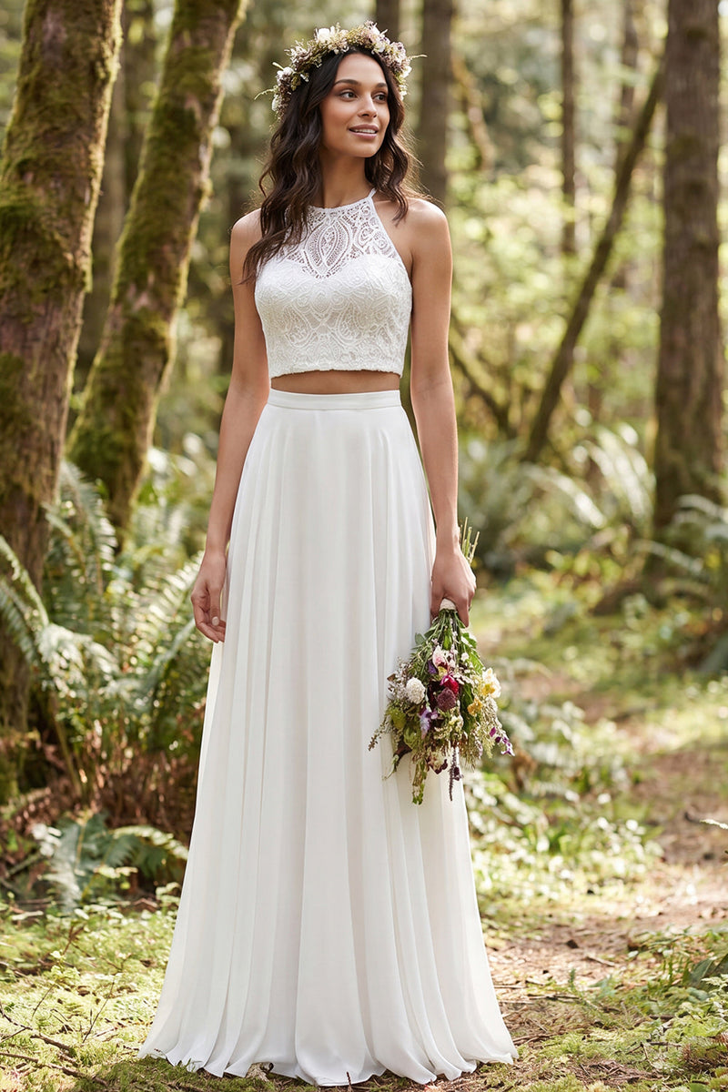 Load image into Gallery viewer, 2 Piece Ivory Chiffon A-Line Sweep Train Beach Wedding Dress with Lace