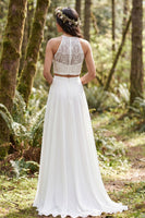 Load image into Gallery viewer, 2 Piece Ivory Chiffon A-Line Sweep Train Beach Wedding Dress with Lace